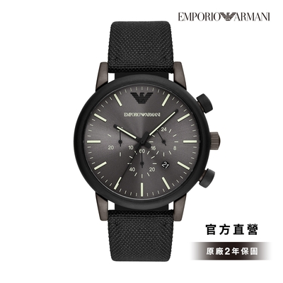 Emporio Armani Luigi 都會菁英三眼時尚手錶 黑色真皮帆布錶帶 46MM AR11409