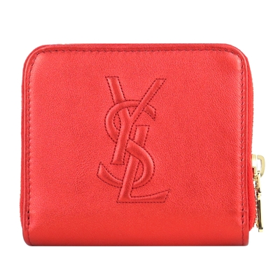 YSL Saint Laurent Belle de Jour系列經典 LOGO 皮革壓紋皮扣短夾(金屬紅)