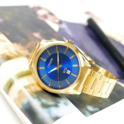 CITIZEN 簡約時尚 日期 防水100米 不鏽鋼手錶 (BI1032-58L)-藍x鍍金/42mm