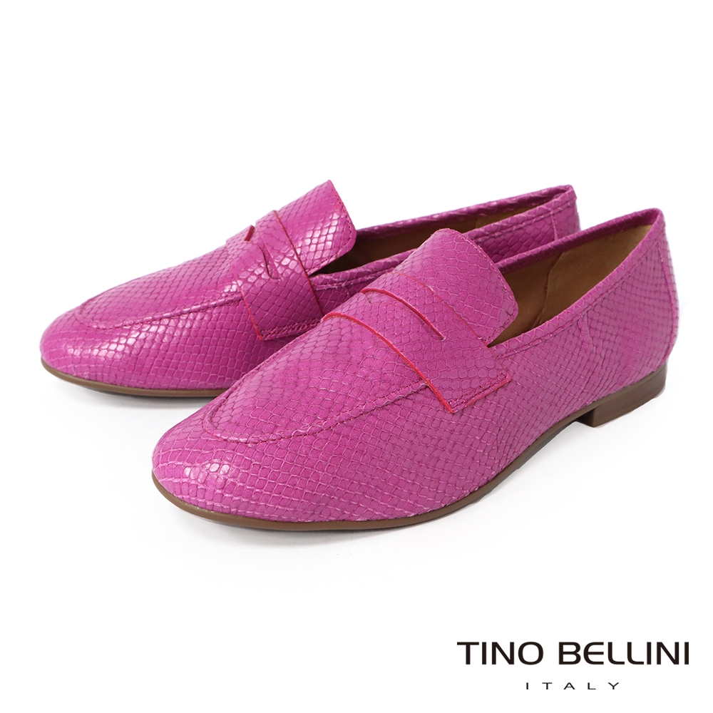 Tino Bellini 巴西進口極簡魅力蛇紋牛皮樂福便鞋-桃紅