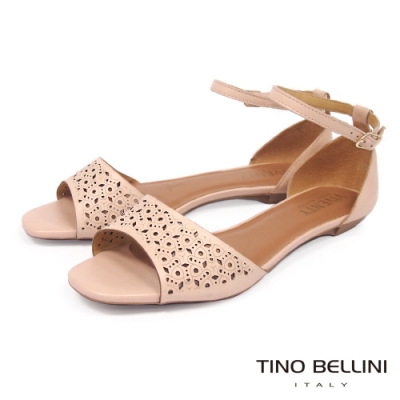 Tino Bellini 巴西進口精緻鏤空雕花繫踝平底涼鞋-粉