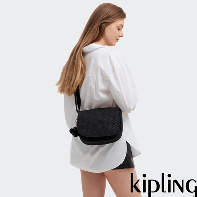 Kipling 經典黑菱格紋印花掀蓋多袋肩背包-LOREEN M