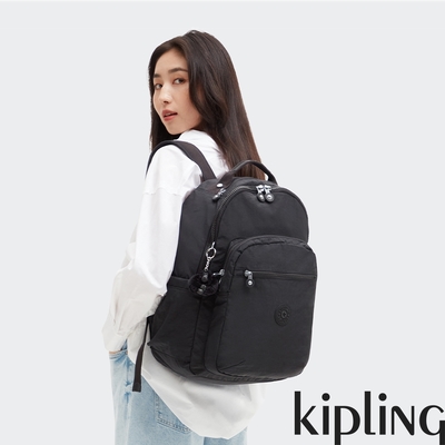 Kipling 曜岩黑品牌經典圓標機能手提後背包-SEOUL