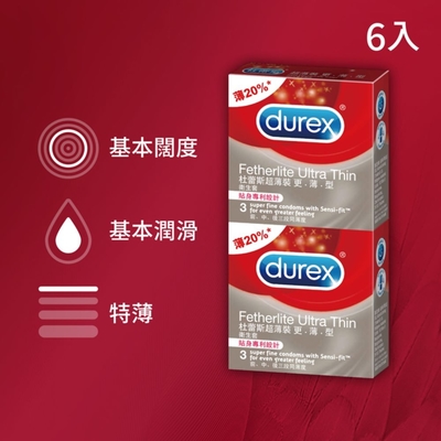 【Durex杜蕾斯】 超薄裝更薄型保險套 3入x2盒（共6盒）