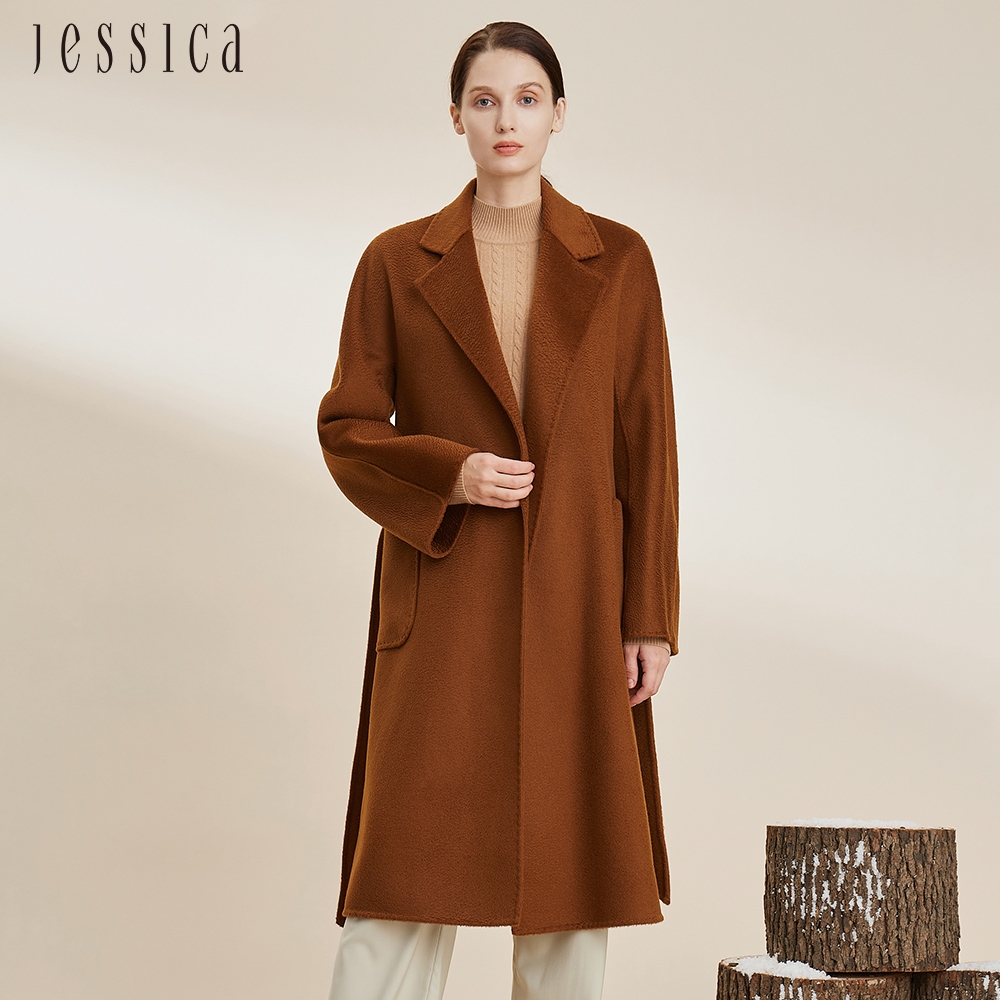 JESSICA - 氣質百搭雙面呢水波紋羊絨羊毛大衣外套224ZC8（焦糖）