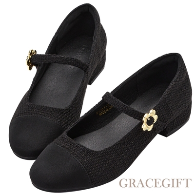 【Grace Gift】小花飾釦拼接低跟瑪莉珍鞋 黑