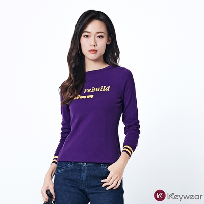 KeyWear奇威名品 個性風撞色圖案針織上衣-紫色