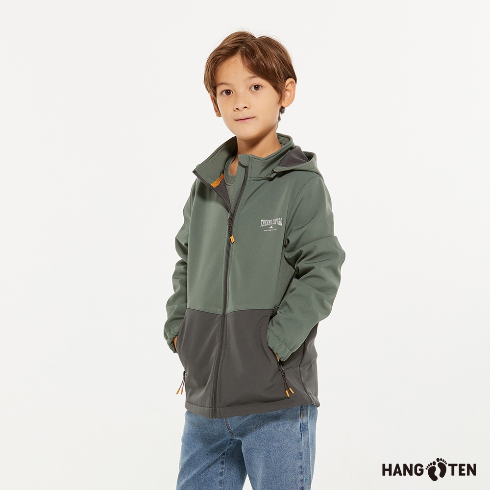 Hang Ten-童裝-恆溫多功能-防輕潑水貼合軟殼刷毛保暖撞色連帽外套-軍綠