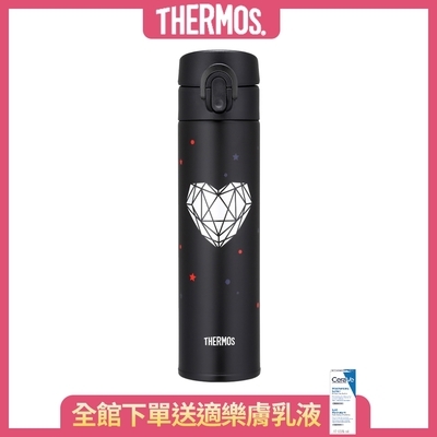 THERMOS膳魔師不鏽鋼超輕量彈蓋真空保溫瓶0.4L(JNI-402VT-HTBK)(鑽石愛心黑)