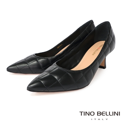 tino bellini 巴西進口牛皮方格衍縫尖頭跟鞋-黑