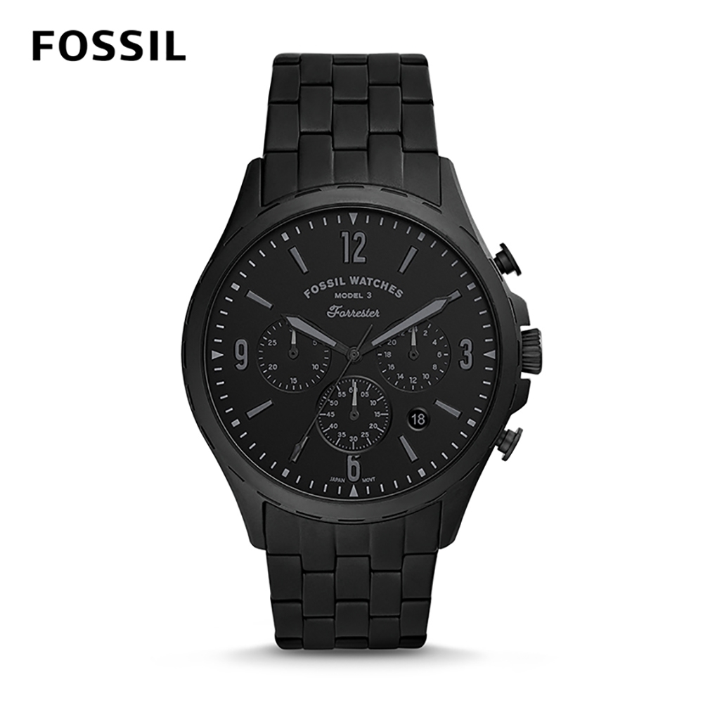 FOSSIL FORRESTER CHRONO 石英計時男錶-酷黑不銹鋼錶帶 46MM FS5697