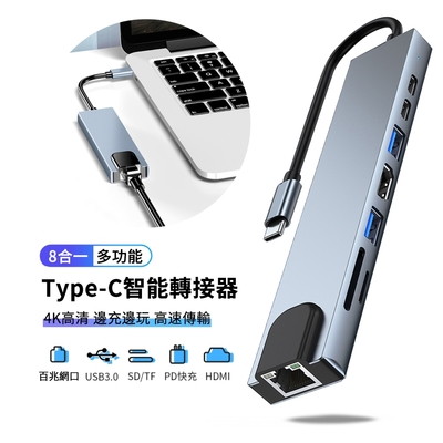 ANTIAN Type-C 八合一多功能HUB轉接器 PD快充 充電傳輸集線器 USB3.0 網線轉接頭 HDMI Mac擴展塢