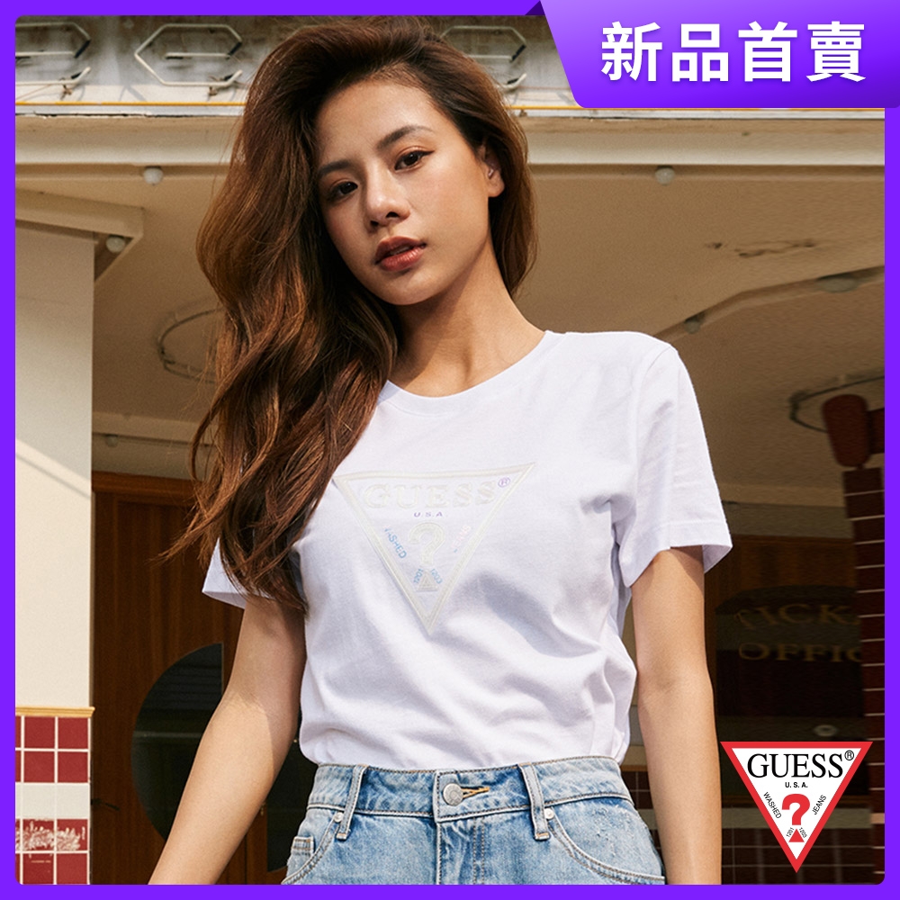 GUESS雙11-女裝-純色簡約創意LOGO文字短T-白 原價1390