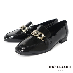 Tino Bellini 義大利進口金屬鍊飾牛皮平底樂福鞋-黑