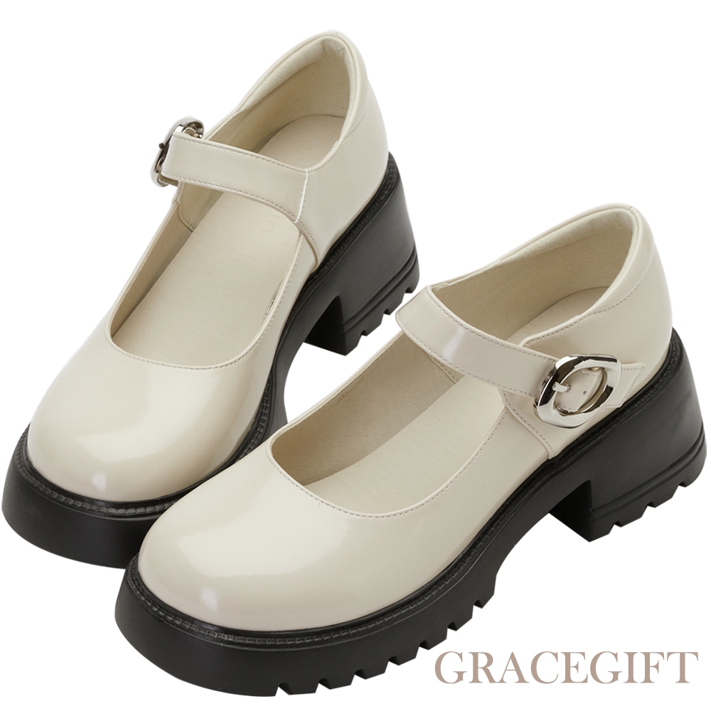 【Grace Gift】輕量圓頭厚底瑪莉珍鞋 米漆