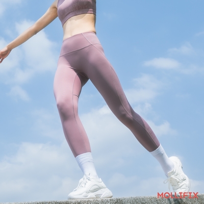 Mollifix 瑪莉菲絲 滿版logo拼接修飾動塑褲、瑜珈服、Legging (玫瑰紫)