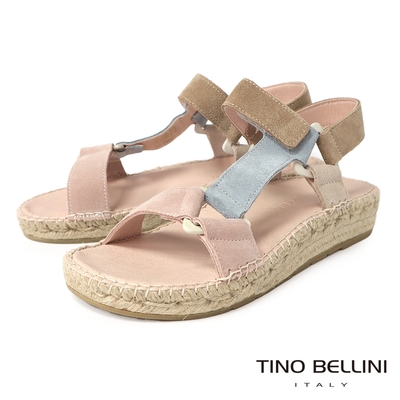 Tino Bellini 西班牙進口粉嫩色系牛麂皮麻邊厚底涼鞋-淺粉