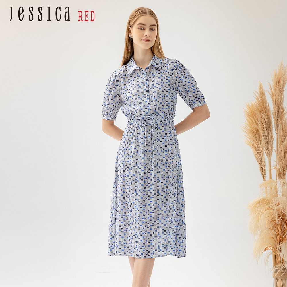 JESSICA RED - 優雅百搭抽象印花過膝襯衫洋裝82417M（藍）