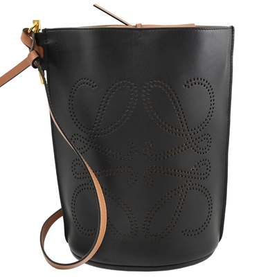 LOEWE Gate Bucket 經典品牌徽章LOGO撞色小牛皮直式水桶包(黑/咖)