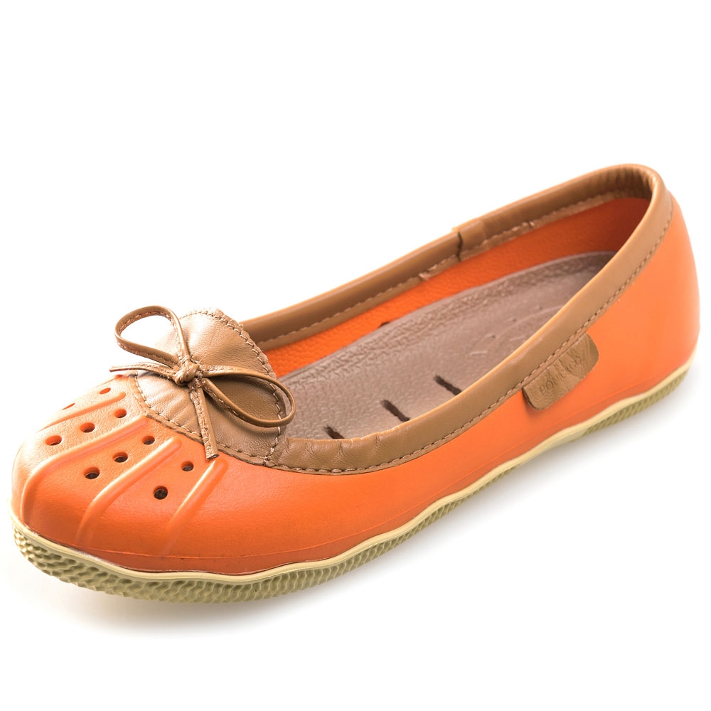 美國加州 PONIC&Co. ELLA 防水輕量 娃娃鞋 雨鞋 橘色 防水鞋 懶人鞋 休閒鞋 環保膠鞋 平底 真皮滾邊