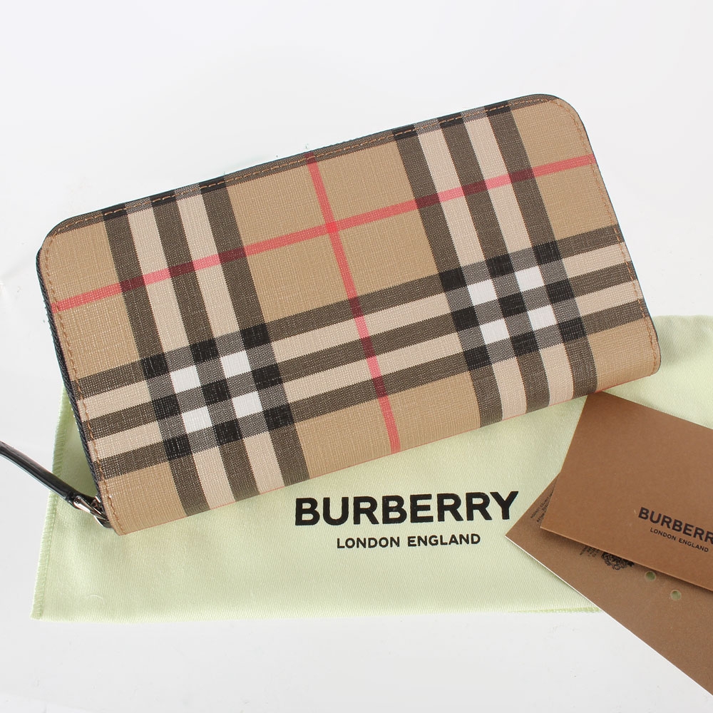 BURBERRY Vintage 經典格紋環保帆布拉鍊長夾-典藏米色