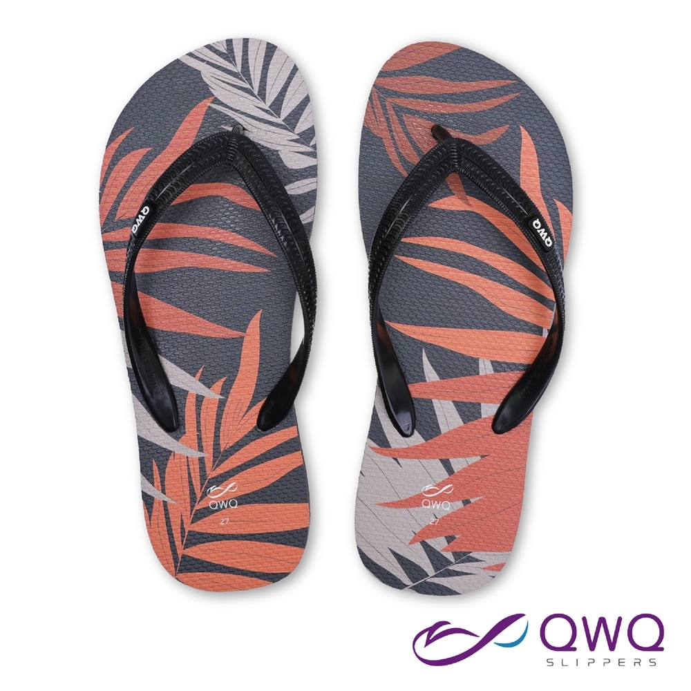 QWQ 男款個性軟Q夾腳拖鞋-鞋帶保固-防滑耐磨-雨天拖鞋-Aloha-黑(ABBA00805)