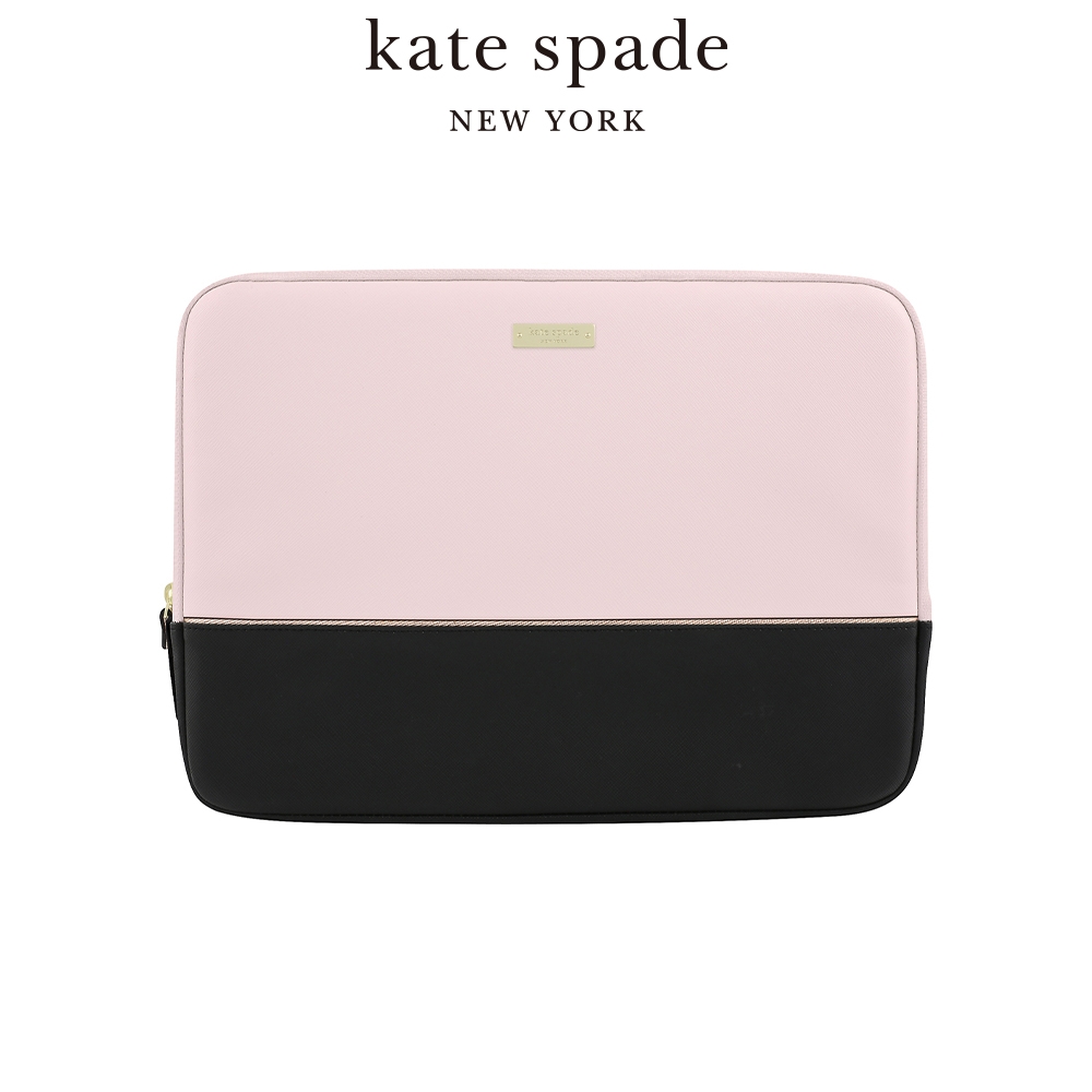 【kate Spade】13吋筆電緩震皮革保護包/袋-粉黑拼接