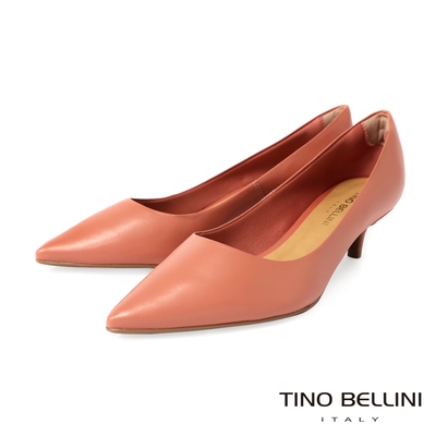 Tino Bellini 巴西進口牛皮素面尖頭中低跟鞋-粉