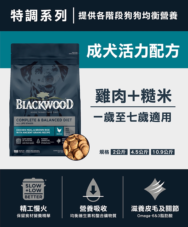 特調系列 提供各階段狗狗均衡營養  BLCKWOODGOOD THINGS TAKE TIMECOMPLETE  BALANCED DIETALL LIFE STAGESCHICKEN MEAL & BROWN RICEWITH ANCIENT GRAINS RECIPE  & NO 成犬活力配方雞肉+糙米一歲至七歲適用MADE IN FROM     SLOW+LOWBETTER規格 2公斤 4.5公斤 10.9公斤 |A營養吸收精工慢火保留食材營養精華均衡維生素和螯合礦物質滋養皮毛及關節Omega-6&3脂肪酸