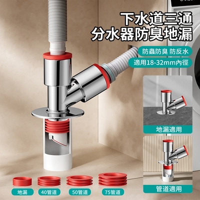 ANTIAN 下水管三通洗衣機排水管地漏接頭 下水道三通分水器 廚房浴室防臭防溢水地漏