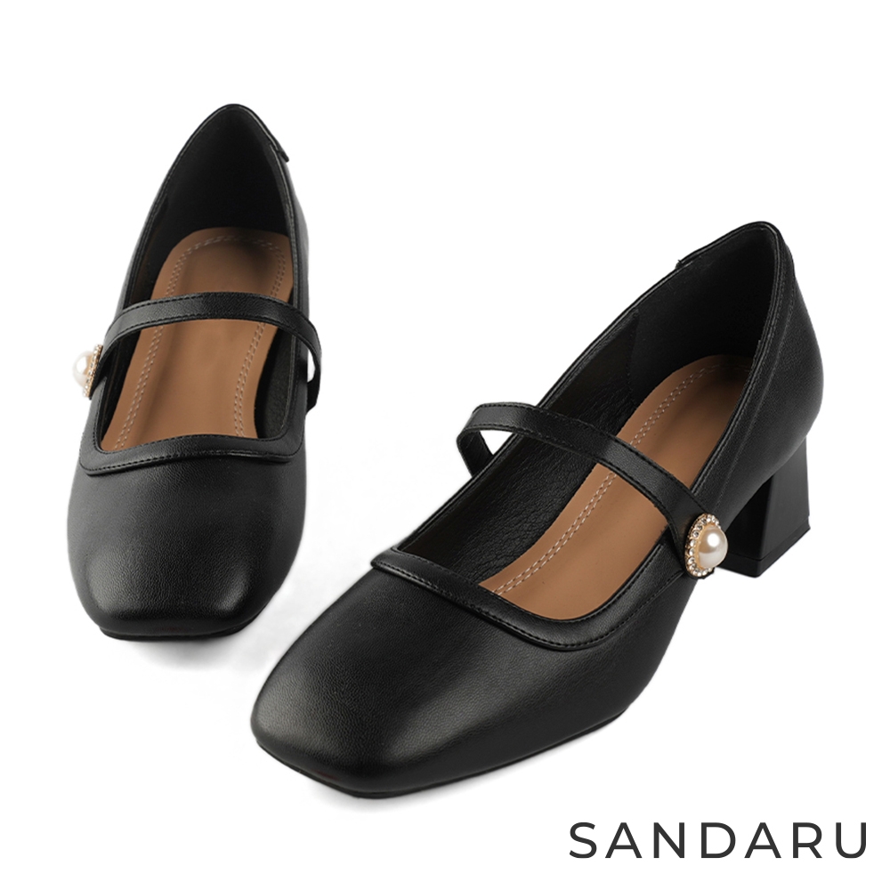 山打努SANDARU-瑪莉珍 珍珠鑽飾粗跟鞋-黑