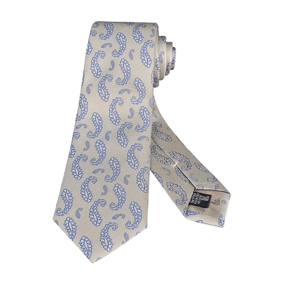 EMPORIO ARMANI字母LOGO羽毛緹花設計真絲領帶(寬版/米x藍)