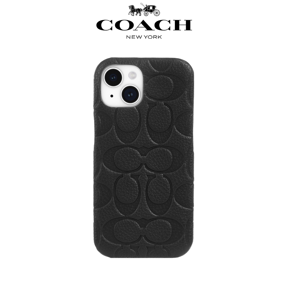 【COACH】iPhone 15 精品真皮手機殼 黑色壓花經典大C