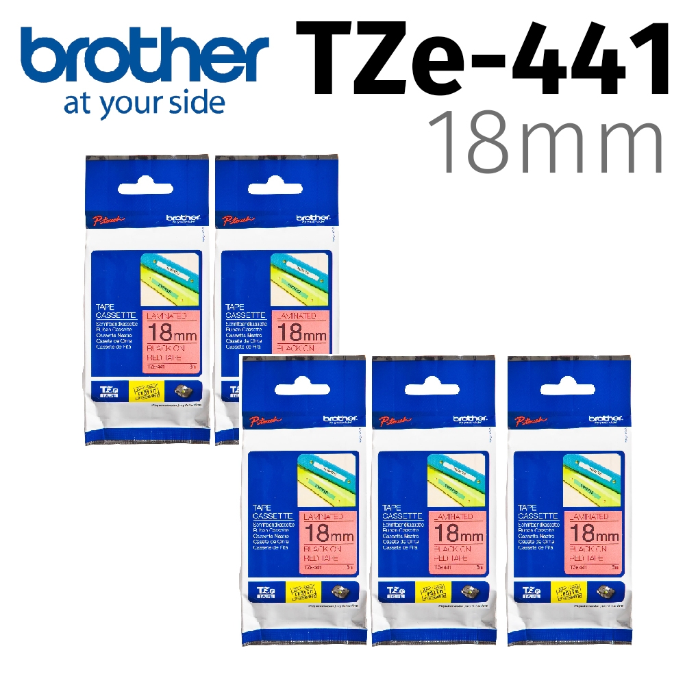 【5入組】brother 原廠護貝標籤帶 TZe-441 (紅底黑字 18mm)