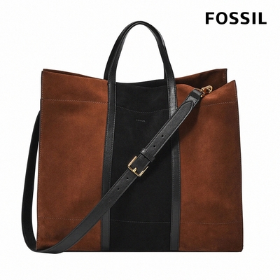 FOSSIL Carmen 麂皮大容量兩用手提包-黑X棕色 ZB7891199 (附真皮背帶)