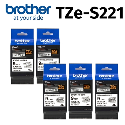 【5入組】brother TZe-S221 超黏性護貝標籤帶 ( 9mm 白底黑字 )