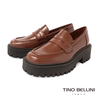 Tino Bellini 義大利進口牛皮微方頭厚底樂福鞋-咖啡