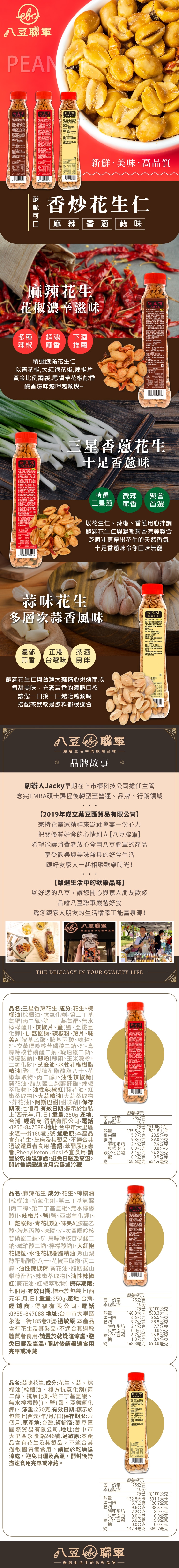 EN物物豆嘴 生新鮮味高品質炒仁麻辣蒜味麻辣濃味多種銷魂 下酒辣椒 麻香 推薦物豆嘴麻辣花生花美花椒精飽滿花生仁以青花椒大紅袍花椒辣椒片黃比例調製,尾韻帶花椒餘香鹹香滋味越呷越涮嘴份量 P 物豆嘴三星花生品名香     三星香蔥花生十足香蔥味蒜味花生特選微辣聚會三星蔥麻香 首選以花生仁辣椒香蔥用心拌調飽滿花生仁與濃郁完美契合芝麻油更帶出花生的天然香氣十足香蔥味你回味窮多層次蒜香風味物豆嘴蒜味花生濃郁 正港茶酒蒜香 台灣味良伴飽滿花生仁與台灣大蒜精心烘烤而香甜美味,充滿蒜香的濃脆口感讓您一口接一口越吃越涮嘴搭配茶飲或是飲料都很一氧化劑無250:花生其,適合其。用成。豆食選生活中的歡樂品味品牌故事創辦人Jacky早期在市櫃科技公司擔任主管念完EMBA碩士課程後轉型至營運品牌、行銷領域2019年成立菓豆匯貿易有限公司】秉持企業家精神來社會盡一份心力把關優質好食的心情創立【豆軍】希望能讓消費者放心食用八豆的產品享受歡樂與美味兼具的好食生活跟好友家人一起相聚歡樂時光!【嚴選生活中的歡樂品味】顧好您的八豆,讓您開心與家人朋友歡聚品嚐八豆聯軍嚴選好食您跟家人朋友的生活增添正能量泉源! 八豆聯嚴選生活中的歡樂品味THE DELICACY IN YOUR QUALITY LIFE品名:三星香蔥花生成分:花生、棕櫚油棕櫚油、抗氧化劑-第三丁基氫醌丙二醇、第三丁基氫醌、無水檸檬酸、辣椒片、鹽鹽、亞鐵氫化鉀、L-麩酸鈉、辣椒粉、蔥片、味美A胺基乙酸、胺基丙酸、味精、5'-次黃嘌呤核苷磷酸二鈉、5'-鳥嘌呤核苷磷酸二鈉、琥珀酸二鈉、檸檬酸鈉、蒜粉蒜頭、玉米澱粉、二氧化矽、芝麻油、水性花椒樹脂精油聚山梨醇酐脂酸脂八十、花椒萃取物、丙二醇、油性辣椒精葵花油、脂肪酸山梨醇酐酯、辣椒萃取物、油性辣椒紅葵花油、紅椒萃取物、大蒜精油大蒜萃取物、芥花油、阿斯巴甜甜味劑保存期限:七個有效期:標示於包裝上元年重量:250g 產地:台灣經銷商:得福有限公司電話:0955-847088地址:台中市大里區永隆一街185巷3號過敏原:本產品含有花生、芝麻及其製品,不適合其過敏體質者食用警語:苯酮尿症患者Phenylketonurics)不宜食用請置於乾燥陰涼處,避免日曬及高溫,開封後請盡速食用完畢或冷藏每一份量本包裝含熱量物豆嘴營養標示25公克10份每份 每100公克1355大卡 5418大卡蛋白質脂肪59公克235公克98公克39.0公克飽和脂肪2.4公克9.4公克反式脂肪0.0公克0.0公克碳水化合物6.1公克24.2公克糖0.9公克3.5公克鈉158.6毫克634.4毫克品名:麻辣花生·成分:花生、棕櫚油[棕櫚油、抗氧化劑-第三丁基氫醌丙二醇、第三丁基氫醌、無水檸檬酸]、辣椒片、鹽鹽、亞鐵氫化鉀、L-麩酸鈉、青花椒粒、味美A胺基乙酸、胺基丙酸、味精、5'-次黃嘌呤核苷磷酸二鈉、5'-鳥嘌呤核苷磷酸二鈉、琥珀酸二鈉、檸檬酸鈉、大紅袍花椒粒、水性花椒樹脂精油聚山梨醇酐脂酸脂八十、花椒萃取物、丙二醇]、油性辣椒精(葵花油、脂肪酸山梨醇酐酯、辣椒萃取物、油性辣椒紅[葵花油、紅椒萃取物]·保存期限:七個月有效日期:標示於包裝上(西元年.月.日).重量:250g產地:台灣經銷商:得福有限公司電話每一份量本包裝含:0955-847088.地址:台中市大里區 熱量蛋白質脂肪永隆一街185巷3號過敏原:本產品含有花生及其製品,不適合其過敏體質者食用.請置於乾燥陰涼處,避免日曬及高溫,開封後請盡速食用完畢或冷藏營養標示25公克10份140.8大卡 563.3大卡每份每100公克6.6公克26.5公克9.7公克38.9公克飽和脂肪2.4公克反式脂肪0.0公克碳水化合物6.7公克糖1.0公克326.8公克.9公克鈉1593.0毫克48.3毫克9.7公克0.0公克品名:蒜味花生.成分:花生、蒜、棕櫚油(棕櫚油、複方抗氧化劑(丙二醇、抗氧化劑-第三丁基氫醌、無水檸檬酸))、鹽(鹽、亞鐵氰化鉀)。淨重:250克.有效日期:標示於包裝上(西元/年/月/日)保存期限:六個月.原產地:台灣.經銷商:菓豆匯國際貿易有限公司,地址:台中市大里區永隆路246號.過敏原:本產品含有花生及其製品,不適合其過敏體質者食用。請置於乾燥陰涼處,避免日曬及高溫,開封後請盡速食用完畢或冷藏。物豆嘴營養標示每一份量本包裝含熱量蛋白質脂肪飽和脂肪25公克每份 每100公克132.8大卡 531.1大卡6.7公克9.6公克2.2公克26.7公克38.3公克8.9公克反式脂肪 0.0公克0.0公克碳水化合物5.0公克19.9公克糖0.0公克0.0公克鈉142.4毫克569.7毫克八豆金聯軍嚴選生活中的歡樂品味