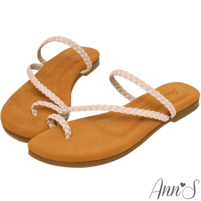 (季末換季出清)Ann’S水洗牛皮-悠閒時空套拇指編織平底涼鞋-藕粉