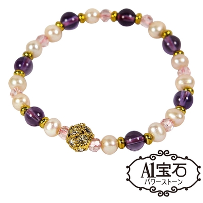 A1寶石時尚潮流款-晶鑽-珍珠-紫水晶三效合一手鍊-旺桃花首選