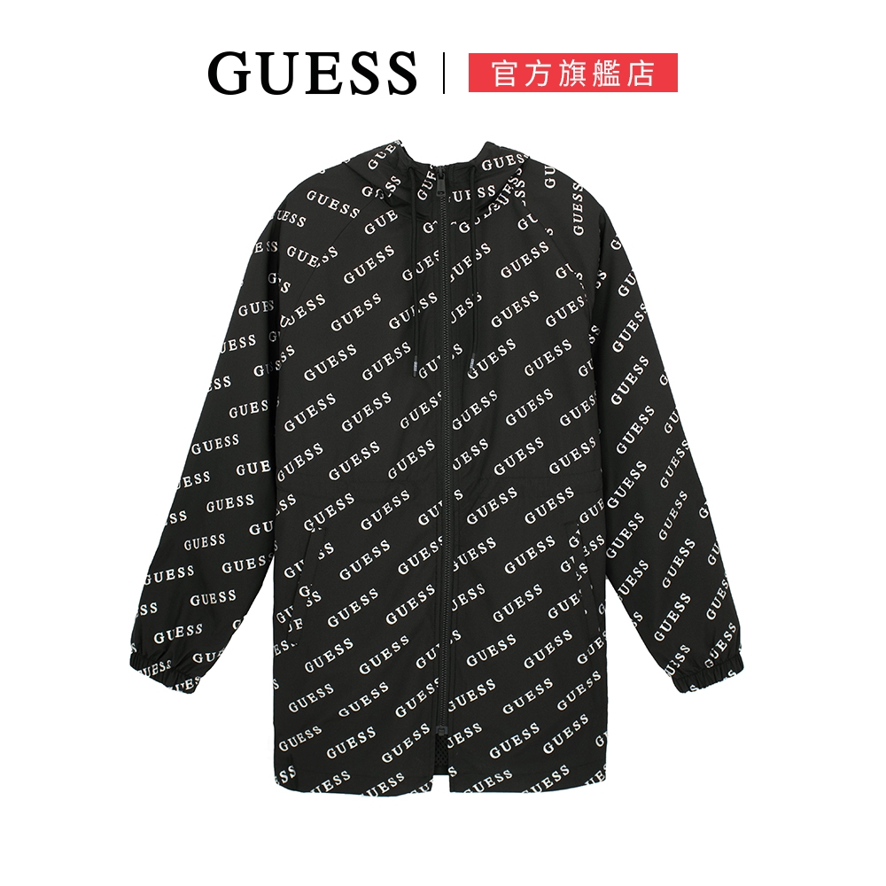 GUESS-女裝-撞色亮眼滿版LOGO風衣外套-黑 原價4790