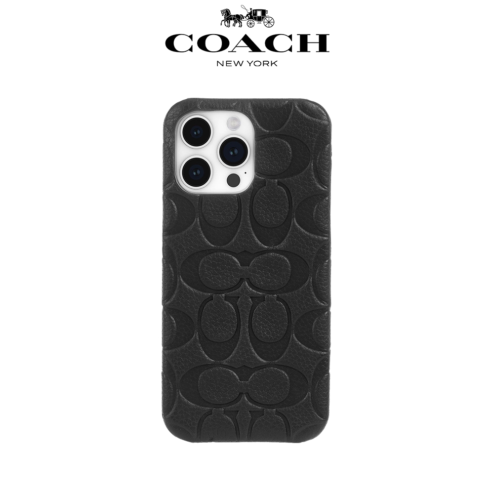 【COACH】iPhone 15 Pro Max 精品真皮手機殼 黑色壓花經典大C