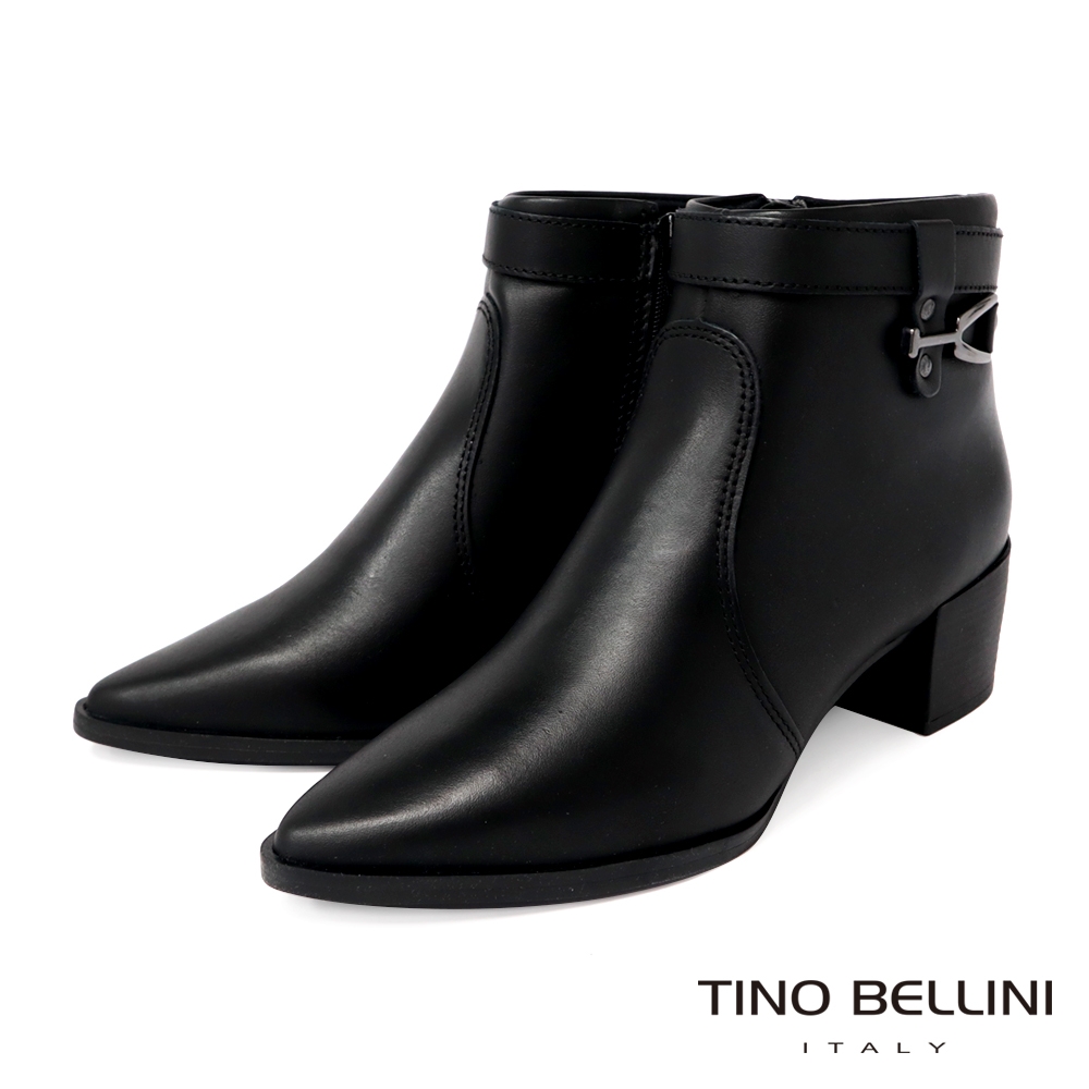Tino Bellini 巴西進口牛皮尖頭皮帶釦飾側拉鍊粗跟短靴FWOT017-黑