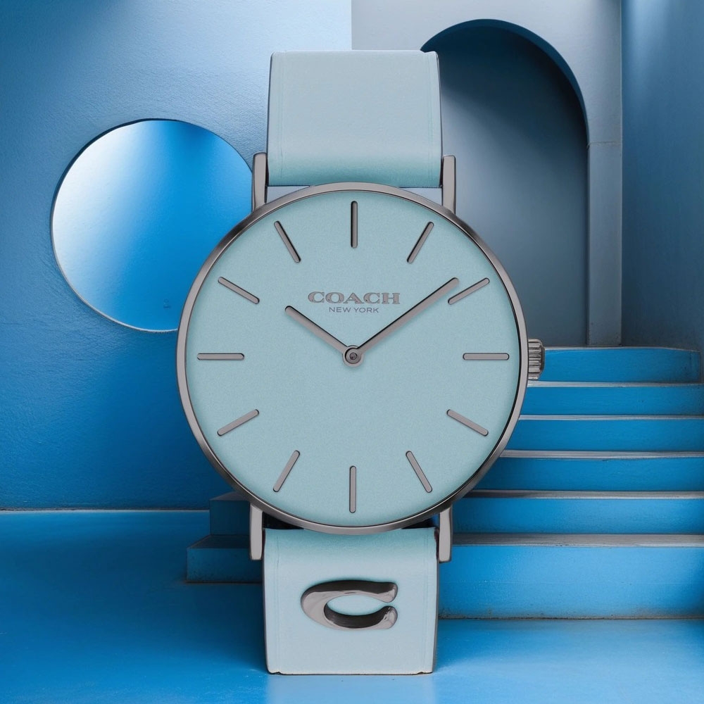 COACH Perry 品牌C字皮錶帶女錶 送禮推薦-鐵灰x藍 CO14503923