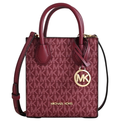 MICHAEL KORS MERCER 經典MK印花皮革迷你兩用手提包/紙袋包(莓果紅)