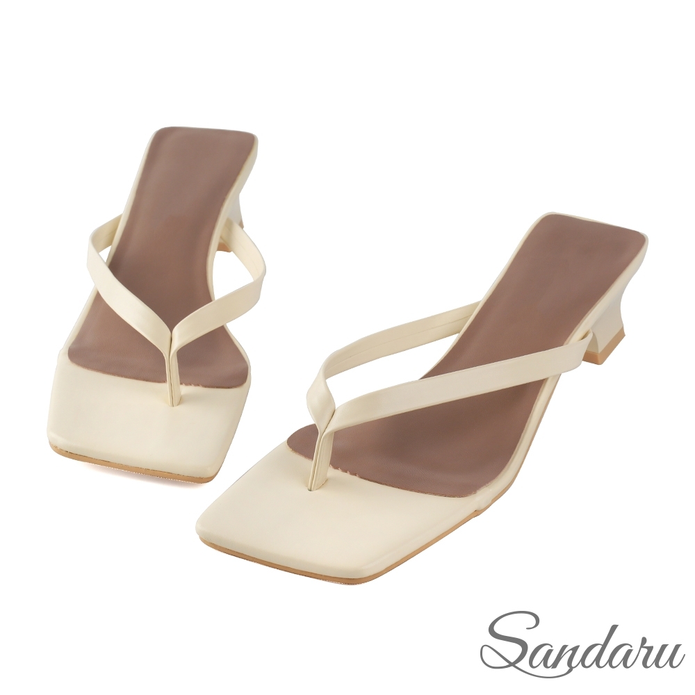 山打努SANDARU-拖鞋 方頭夾腳方跟中跟拖鞋-米白 product image 1