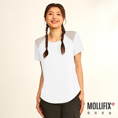 Mollifix 瑪莉菲絲 撞色拼接短袖訓練上衣 (白) 暢貨出清、瑜珈服、背心、T恤