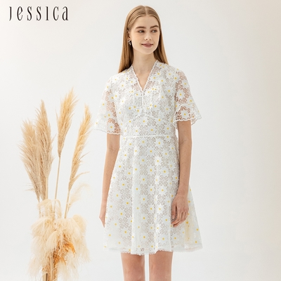 JESSICA - 甜美立體小雛菊繡花蕾絲V領短袖洋裝224177