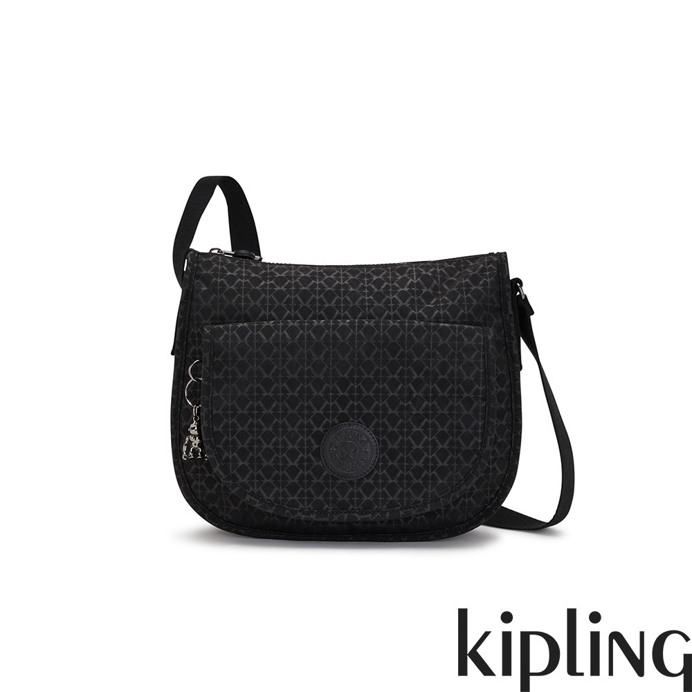 Kipling 經典黑菱格紋印花翻蓋前袋側背包-RENIA