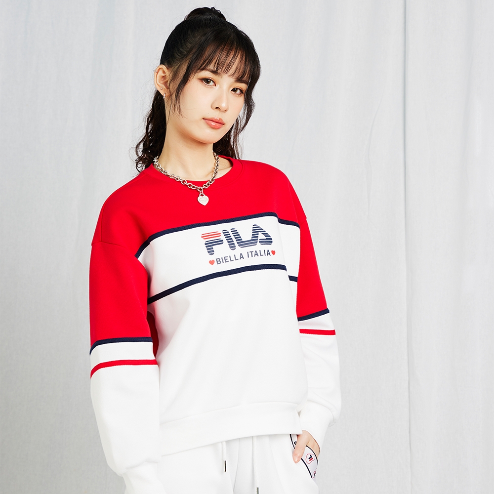 FILA #幻遊世界 女長袖撞色大學TEE-紅/白 5TEY-1438-RD